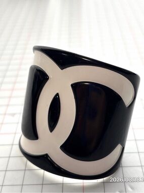 CHANEL Black and White Interlocked Logo Wide Cuff Watch Bracelet